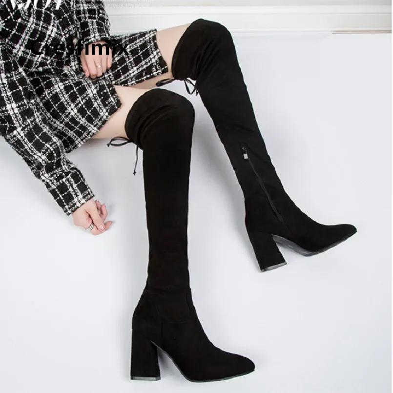 Cresfimix botas/Женские Модные осенние ботинки из искусственной кожи на высоком каблуке 8 см женские повседневные Зимние Сапоги выше колена черного цвета a7072