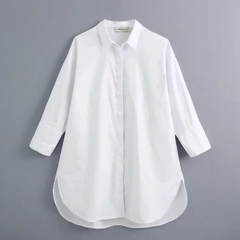 

New 2020 Women Simply Style Buttons Decoration Casual White Poplin Blouse Office Lady Side Split Shirts Chic Blusas Tops Ls6562