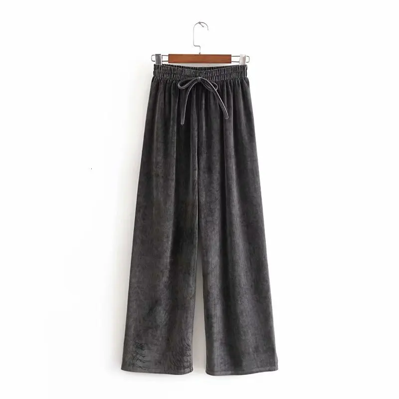 Винтажные велюровые прямые штаны с завязками на талии, штаны для бега, зимние женские брюки с высокой талией, pantalon femme - Цвет: gray