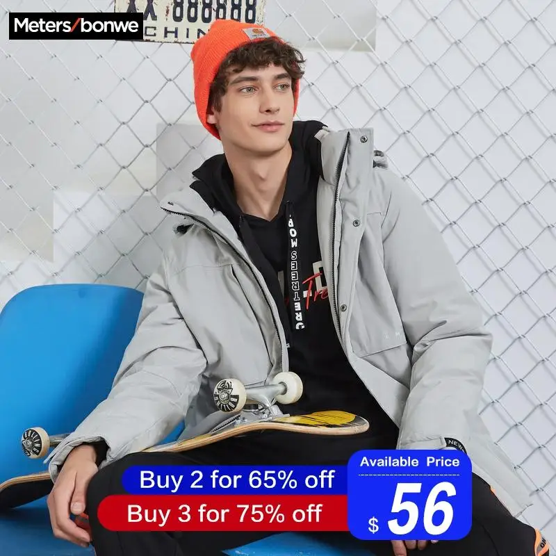 Metersbonwe,, толстый пуховик, мужской, зимний, теплый, 80%, серый, утиный пух, пальто, мужской, с высоким воротником, с капюшоном, пальто, верхняя одежда