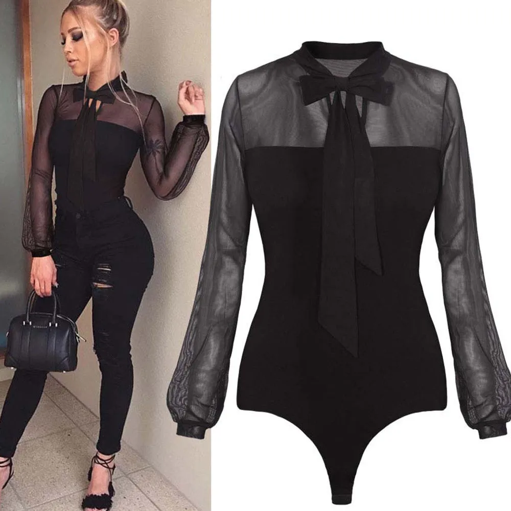 Reducido Mono de alta calidad de moda transparente Tops Sexy Bodycon manga larga mono con cuello ovalado mono de las mujeres r0QK39z9B5k