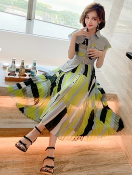 

Trendy Contrasting Color Thread Elegant Lapel High Waist Pleated Skirt Swing Shirt Dress Women's Fashion Summer New