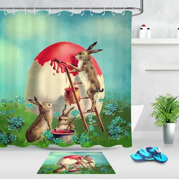 

Easter Lawn Squirrel Eggs Shower Curtain Set Bathroom Fabric Bath Curtains 180cm