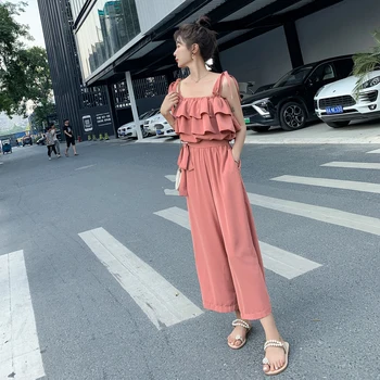 

2020 Summer Spliced Ruffles Sleeveless Bandage Jumpsuit Women Wide Leg One Piece Pants Office Lady Elegant Sling Romper Q26