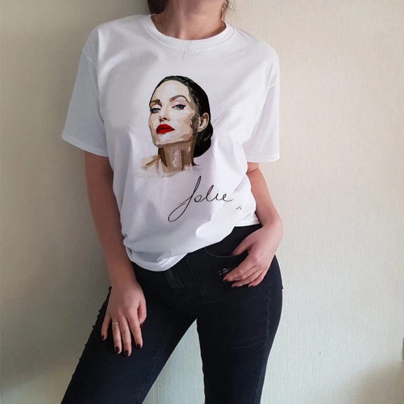 Женская футболка с принтом Angelina Jolie белая Повседневная Эстетическая Корейская
