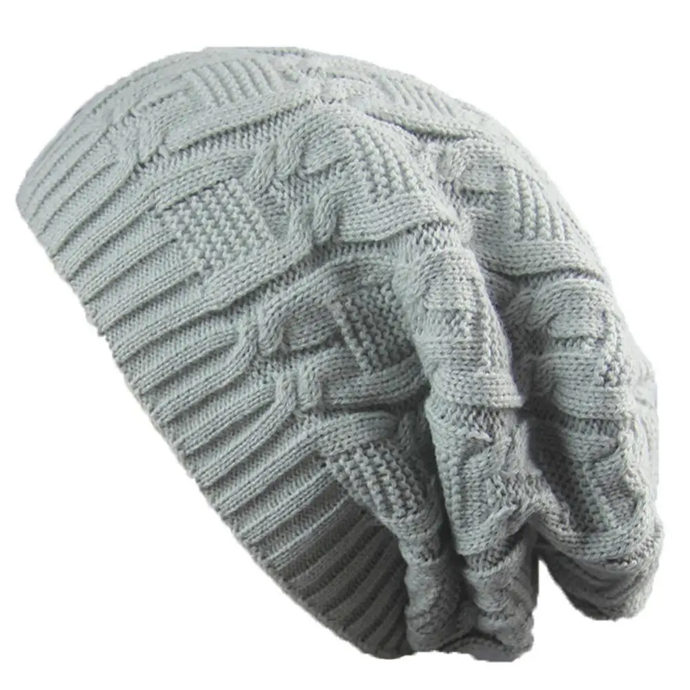 light gray hat Новинка, женская зимняя шапка, модные вязаные шапки, мешковатые, негабаритные, сутулятся, твист, шапка, толстая, теплая, s, Мужская Повседневная вязаная шапочка - Цвет: light gray hat