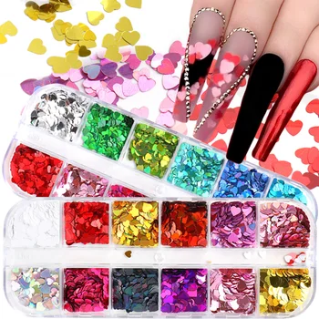 

12 Grid Holographic Love Heart Butterfly Nail Glitter Mirror Nail Sequin Paillette Flake Body Eye Make Up Powder Decor SARX01-04