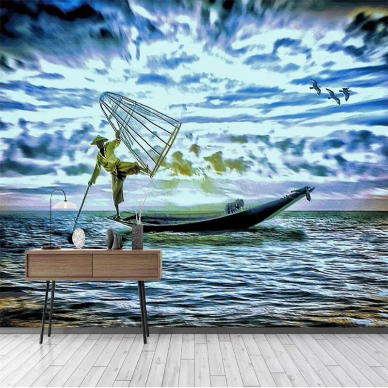 

milofi custom 3D sunset fisherman fishing landscape oil painting TV bedroom background wallpaper mural