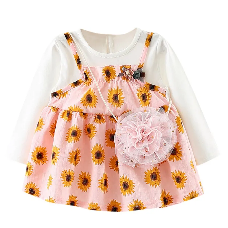 

Casual Baby Girls Dress 0-3T Floral Print Long Sleeve Toddler Girl Dresses Fake 2 Piece Sundress + Bag Kids Casual Clothes