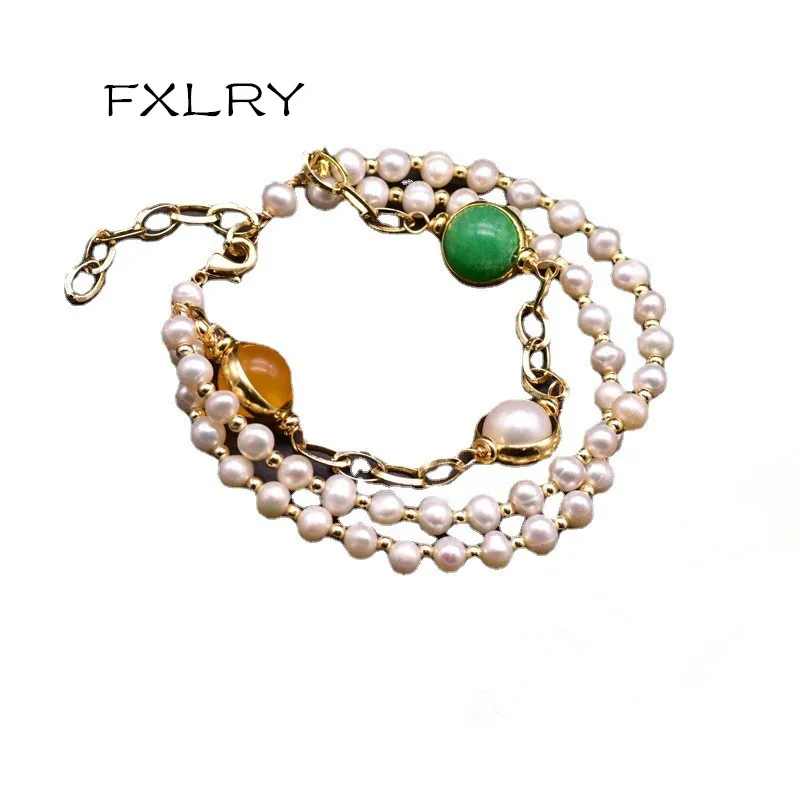 

FXLRY Original Handmade Ethnic Style Natural Freshwater Pearl Jade Multi-Layer Bracelet For Women Jewelry