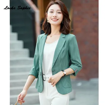 

1pcs Women's plus size Blazers coats 2020 Spring Fashion stripe Slim fit Middle sleeve jackets ladies Skinny Small Blazers Suits