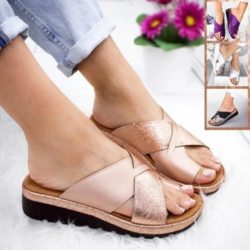 

Women Summer Artificial PU Cross Shoes Solid Color Slippers Platform Wedge Ladies Mid-heel Sandal Open Toe Flip Flops