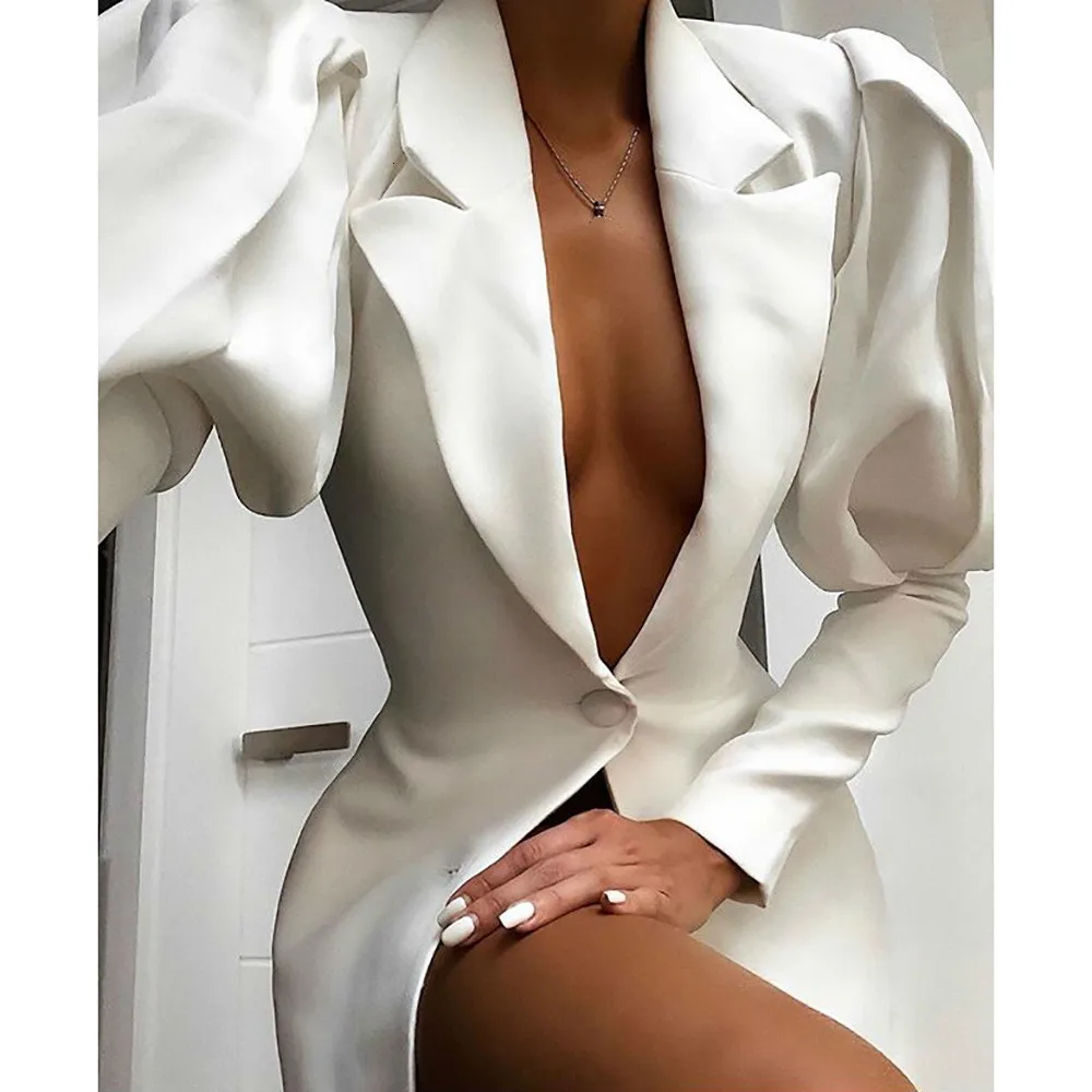 

Fashion Women White Deep V Neck Long Blazer Dress Autumn Female Notched Sashes Single Breasted Coats Blazer Feminino 2019