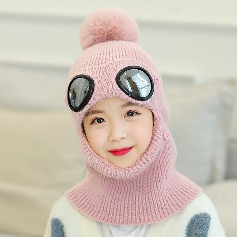 

Woman Men Winter Knit Pompons Hats Girls Boys Beanies Children Kids Caps Scarf Set Bonnet Hats with Windproof Glasses for Adult