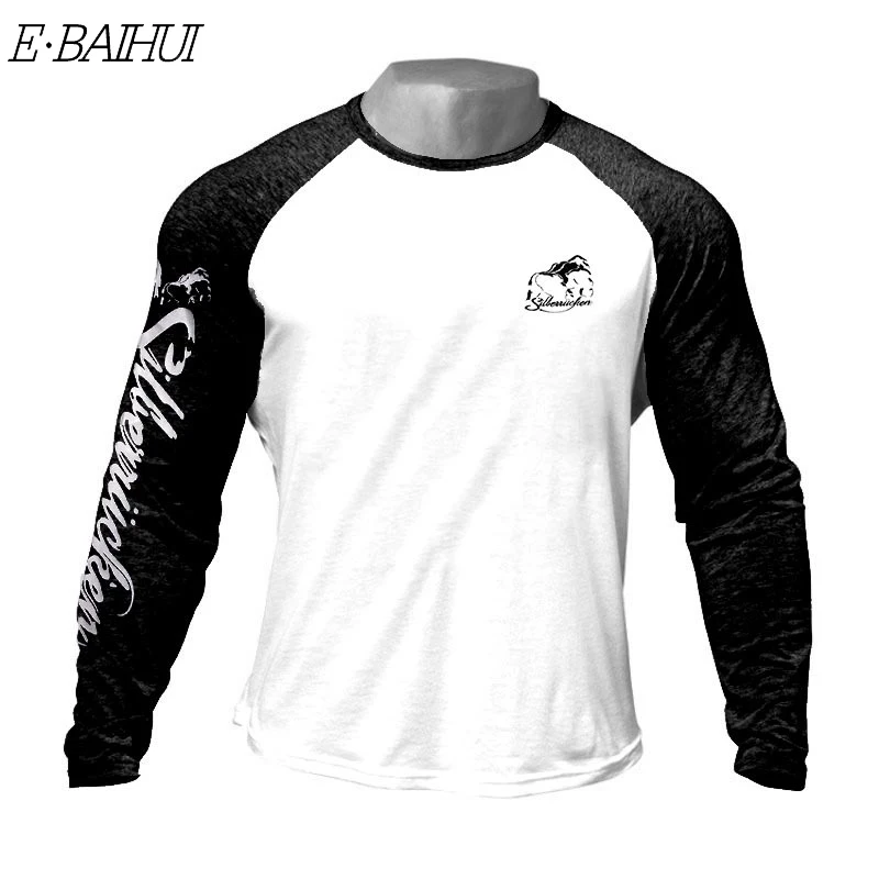 

E-BAIHUI New Men's Fitness Long-sleeved T-shirt Printing Round Neck Bottoming Shirt Casual Training Clothes Top Black White