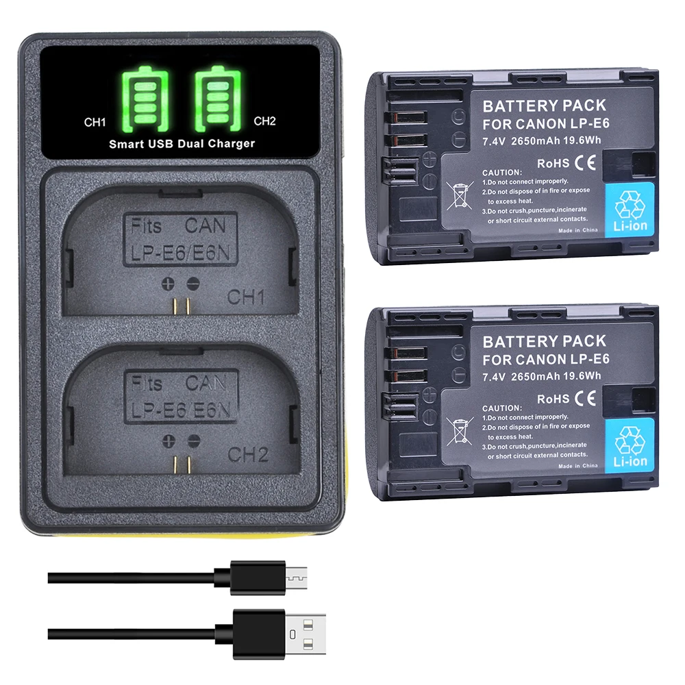 2x LP E6N LPE6N аккумулятор 2650 мАч + Type C зарядное устройство для Canon 5D Mark II III 7D 60D EOS 6D 70D 80D