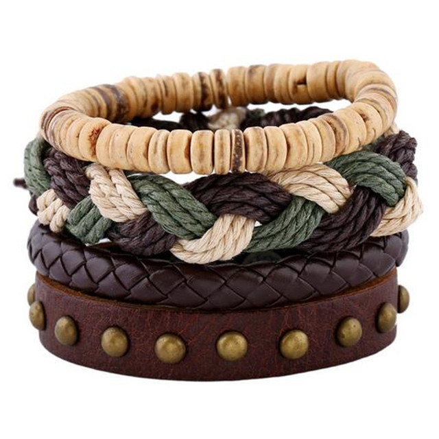 Stone Men Bracelet Multi-layer Handmade Weaved Punk Leather Rope Chain Stainless Steel Bangle Male Jewelry Gifts