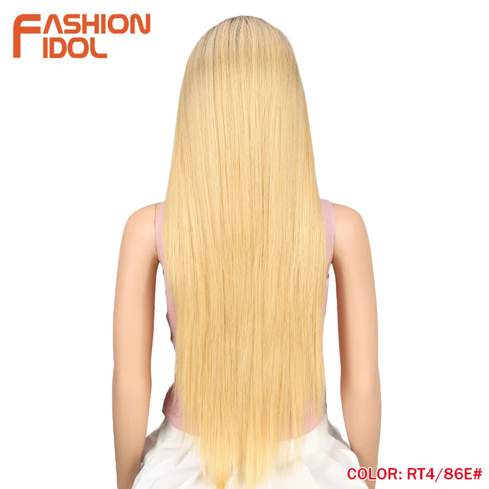 Иконы стиля 13X4 Синтетические волосы на кружеве парик для черных Для женщин 32 дюймов термостойкие прямые парики блондинка натуральные синтетические парики Косплэй волос - Цвет: RT4-86E