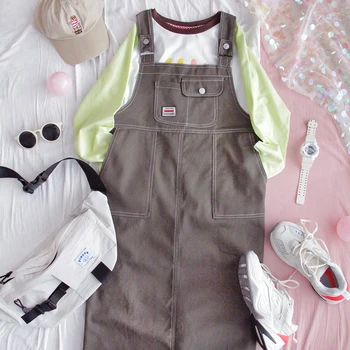 

Women Denim Suspender Dress Girls Mid-length Loose Ins Student Harajuku Wild High Waist Solid Color Sweet Dress College style