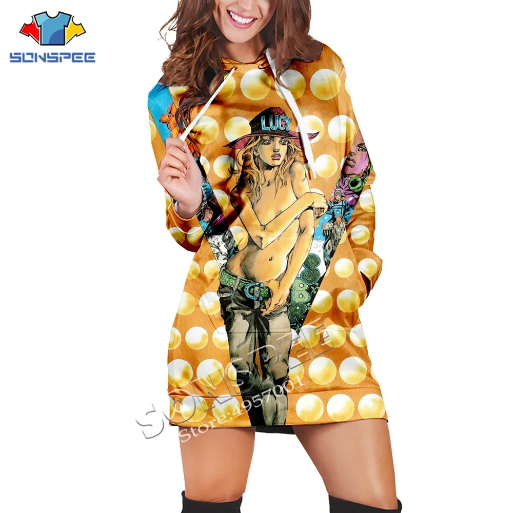 SONSPEE Anime JoJo's Bizarre Adventure 3D Print Pullover Sweatshirt Dress Casual Long Sleeves Clothes Women Long Hoodie Dresses (2)