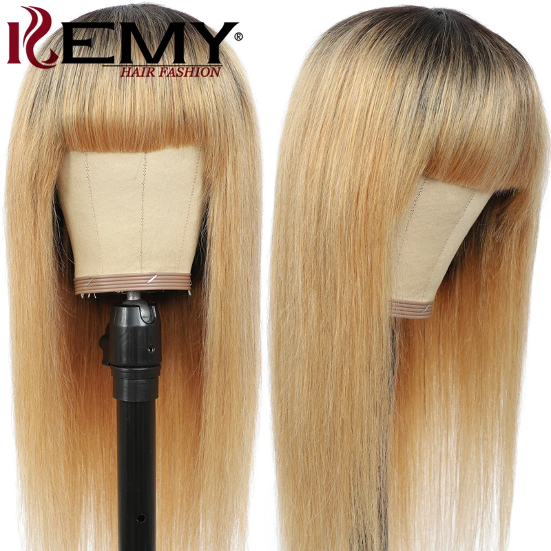 

Brazilian Bangs Wig Straight Human Hair Wigs With Bangs Ombre 1B/27 Full Machine Wigs For Black Women Remy Hair Wig 150% Density
