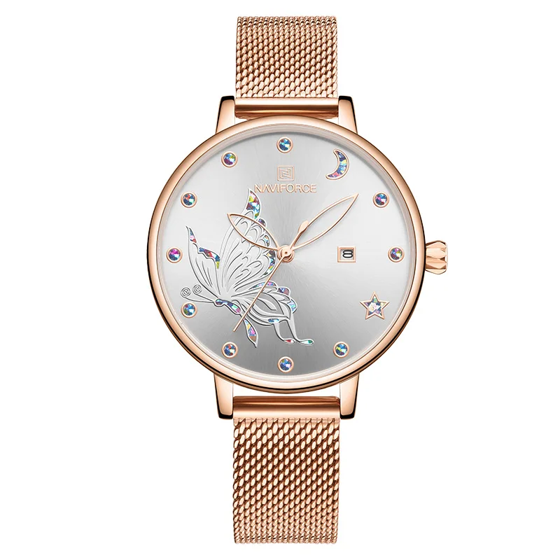 NAVIFORCE роскошные часы с кристаллами для женщин Топ бренд розовое золото сталь сетка женские наручные часы браслет девушка часы Relogio Feminino - Цвет: rose white