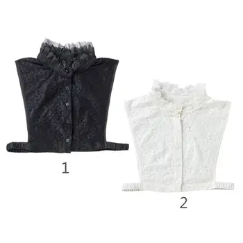 

Womens Imitation Pearl Beaded Ruffles Stand Fake Collar Floral Lace Half-Shirt