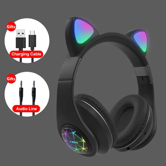 Cute Cat Bluetooth Headphone With Microphone Colorful LED Cosque Girls Music Cascos For Huawei iPhone Xiaomi Children Kids Gifts