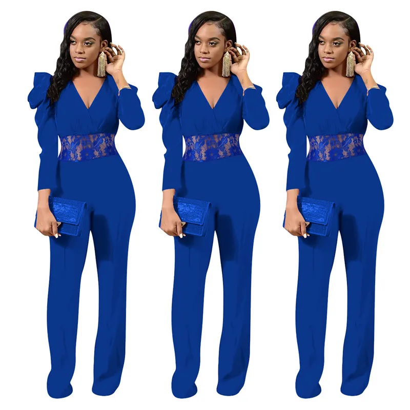 Lace Hollow Out Waist Patchwork Jumpsuit Puff Sleeve Wrap V-neck Bandage Skinny Jumpsuit Office Ladies Casual One Piece Outfits