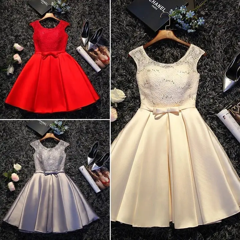 

BacklakeGirls Scoop Neck Statin Sleeveless A Linegraduation Dresses With Sashes Bow Vestidos De Graduacion Cortos Solid Color