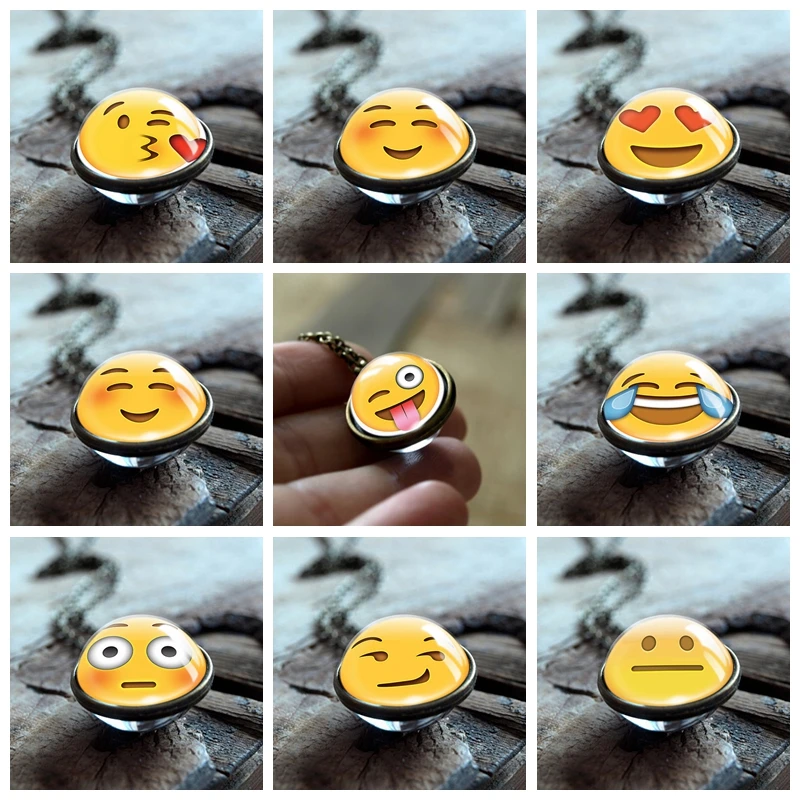 

2019 Emoji Art Fashion Necklace Personality Double Side Glass Ball Pendant Bronze Zinc Alloy Necklace Gifts for Women Girls