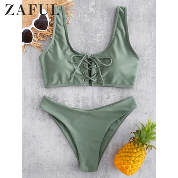 

ZAFUL Scoop Lace Up Bikini Set 2020 Bademode Scoop Neck Gepolsterte Badeanzug Frauen Solide Grund Badeanzug Sexy Push-Up badeanz