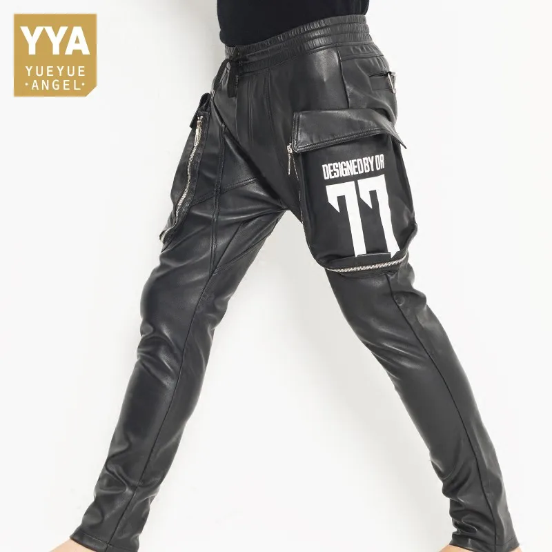 Мужские шаровары из натуральной овечьей кожи повседневные брюки с большими карманами и эластичным поясом