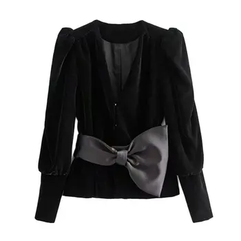 

Women Elegant Velvet Jacket V-neck Bow Tie decorate Sashes Long Sleeve Coat Female Outwear Office Wear Stylish Jackets