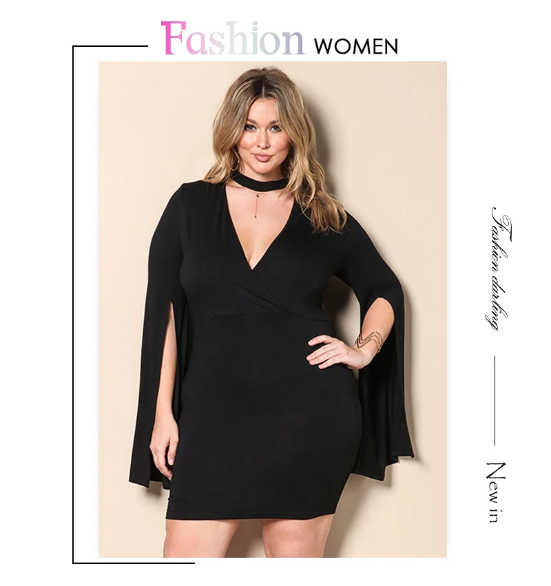 A.M.A. Модное платье для женщин рукава накидки v-образный вырез плюс размер XL-3XL женские платья черное сексуальное женское платье для вечерней вечеринки