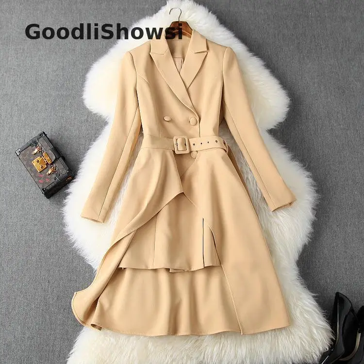 GoodliShowsi женские комплекты в деловом стиле, костюмы с юбкой, длинный костюм с поясом, Топы+ юбка с оборками, стильные деловые костюмы, комплекты из 2 предметов - Цвет: Хаки