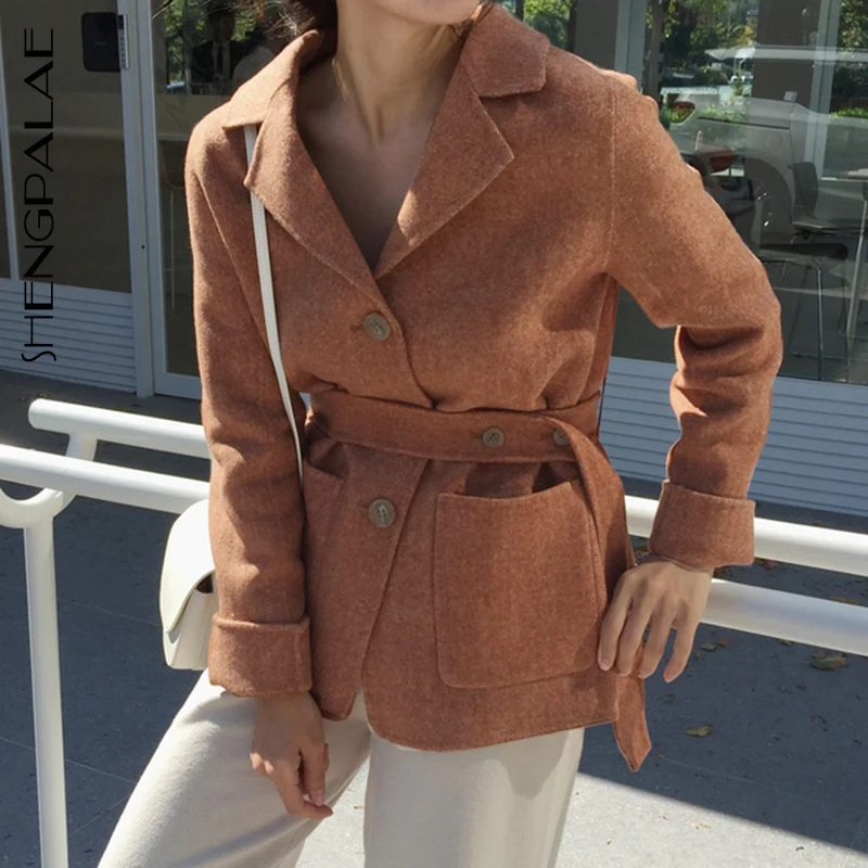 

SHENGPALAE Chic Autumn Fashionable Suit Lead Single Row Buckle Waist Bandage Cardigan Keep Warm Loose Korean Coat Woman FT901