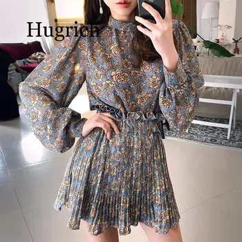 

2020 Blue navy blue stand collar long sleeve pullover floral print mini ruffle pleated a line skirt two piece set
