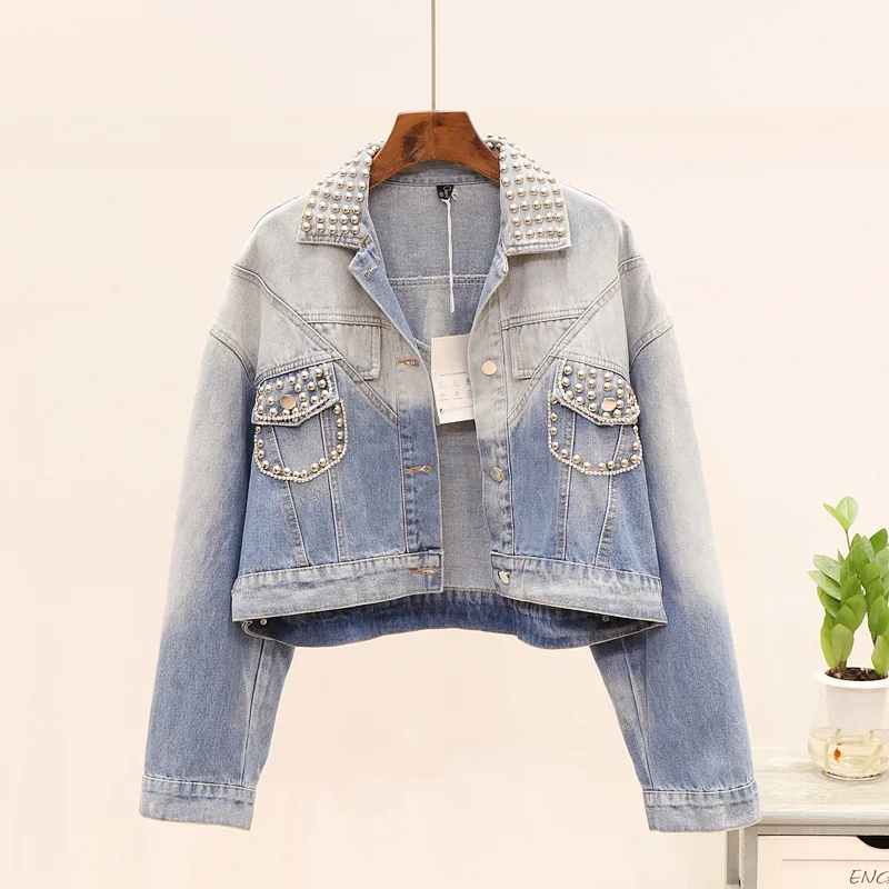 

Autumn Fashion Heavy Work Rivet Denim Jacket Women Casual Loose Long sleeve Short Jeans Jacket Basic Coat Female Chaqueta Mujer