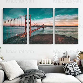 

River and Bridge Skyline Beautiful Clouds Canvas Poster Three-Piece Set Living Room Wall Decoration Painting Bedroom Study Room