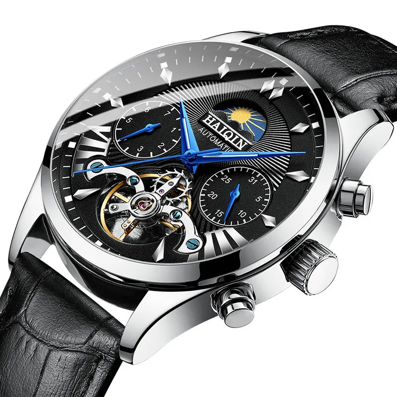 Мужские часы лучший бренд класса люкс автоматические механические наручные часы мужские спортивные наручные часы HAIQIN reloj hombre роскошные часы Tourbillon - Цвет: L-Black Silver