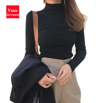 

Vana Javeasen Office Lady Turtleneck Women T-Shirt Long Sleeve White Black Female Tees Tops Pullover Casual Womens Tee Shirt