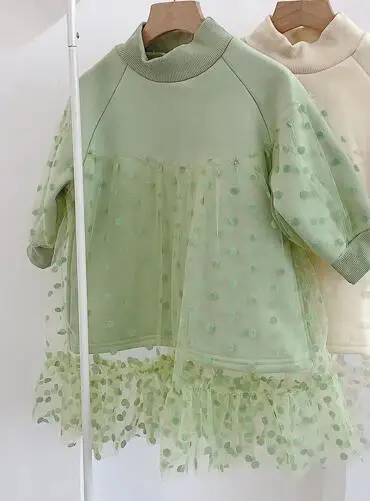 light green Осень г.; модное флисовое платье принцессы с сеткой для девочек; хлопковые теплые свободные платья с высоким воротником для маленьких девочек - Цвет: light green