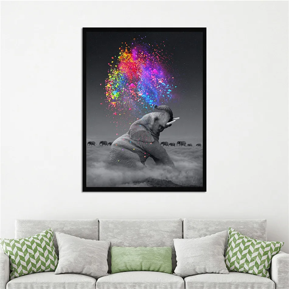 

YaMinSanNiO Firework Elephant Wall Art Oil Print Abstract Paintings Picture for Home Decor Living Room Posts No Fram Fiber Cloth