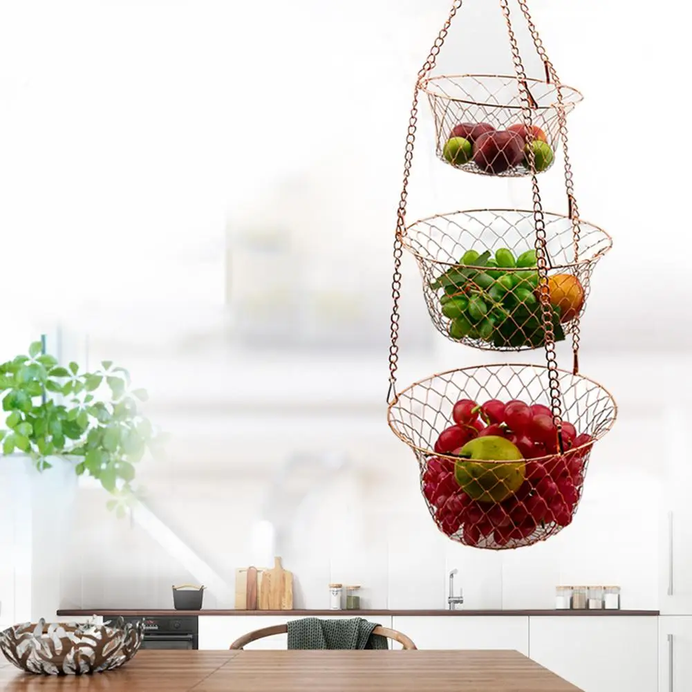 3-Tier Kitchen Hanging Fruit Basket Wire Hanging Folding Basket for Kitchen Storage 