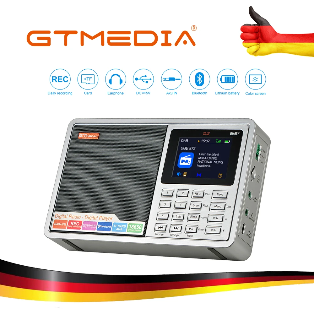 GTMEDIA D2 портативный радио FM Bluetooth DAB стерео с TFT-LCD цветным дисплеем будильник Поддержка Micro SD TF карта AUX вход - Цвет: GT MEDIA D2