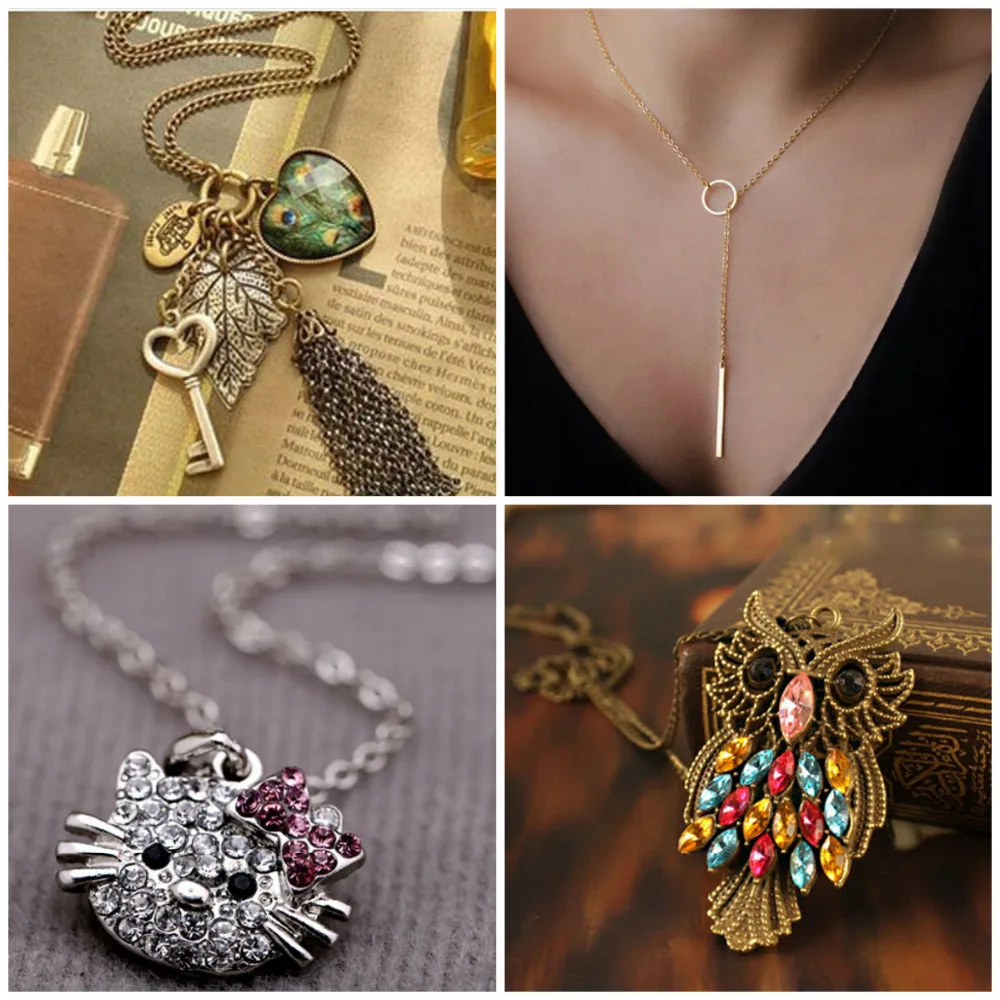Long 60cm Charm Necklace Pendant Chain Tassel Key Peacock Heart Leaf Crown