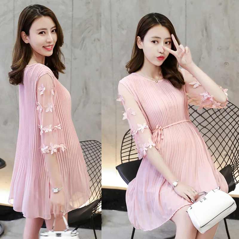 

Maternity Clothes 2019 Summer New Style Korean-style Fashion Chiffon Gauze Half-sleeve Shirt Flower Pleat Lace-up Pregnant Women