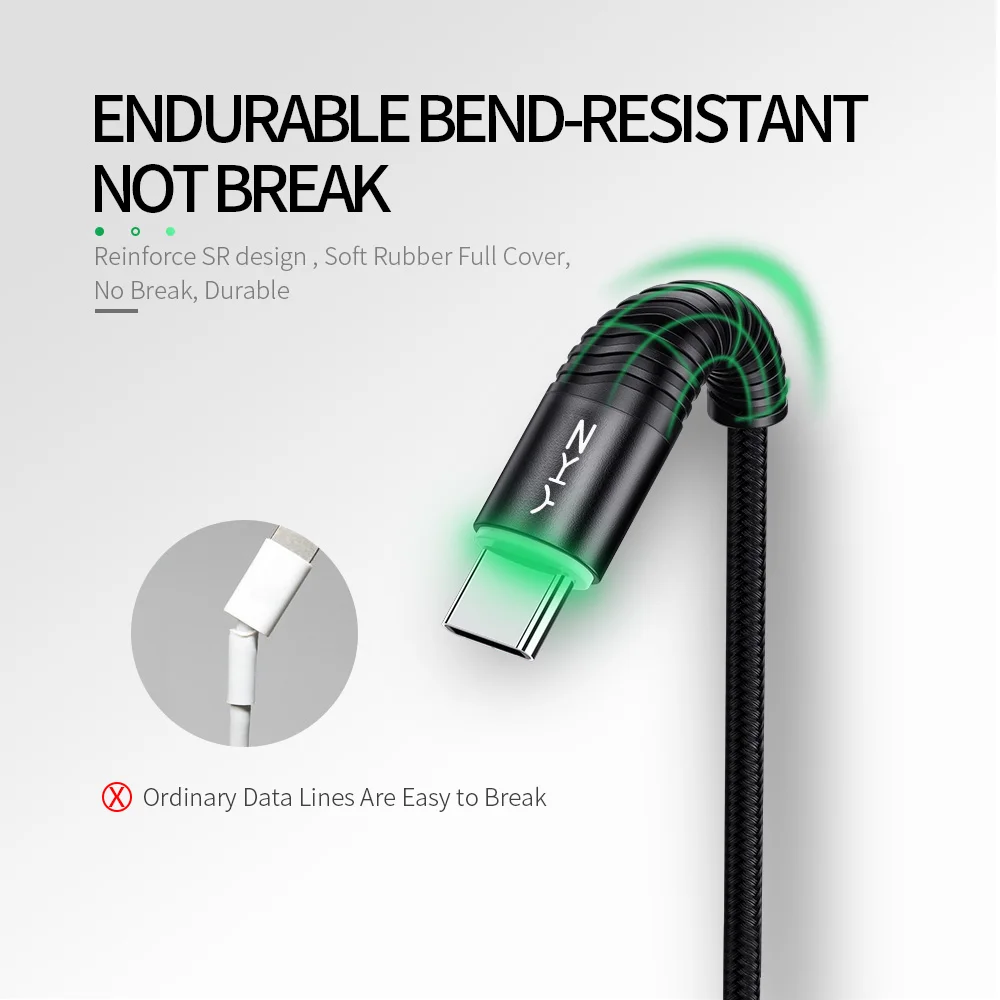 Кабель YKZ USB Type C светодиодный 3 А для быстрой зарядки кабель Samsung S10 Xiaomi mi9 HUAWEI USBC c