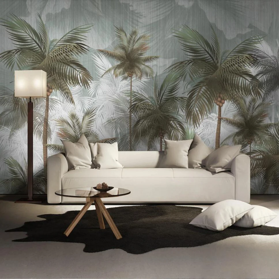 

Custom mural wallpaper 3D green retro tropical leaves hand painted plants background wall decorative painting